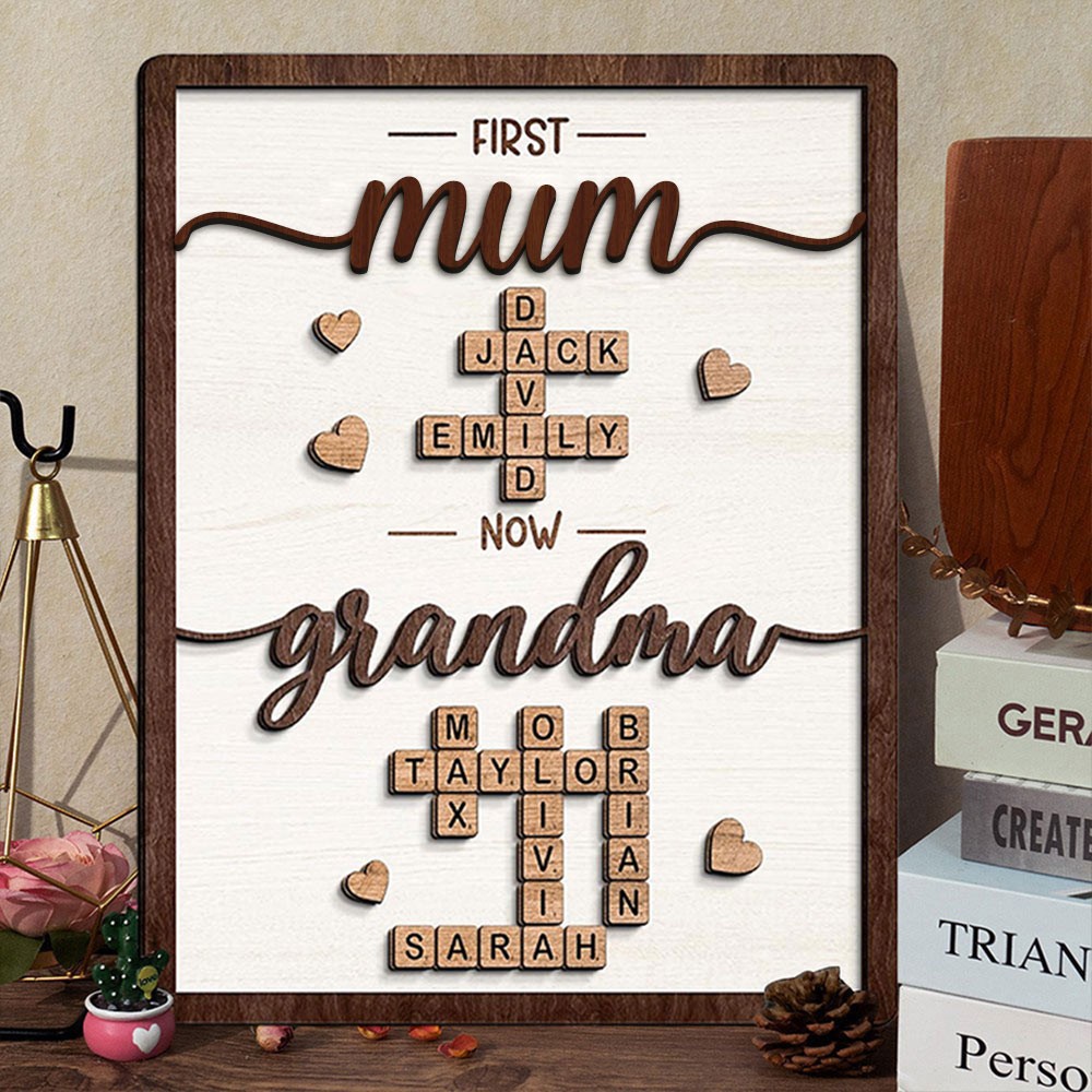 Personalised First Mum Now Grandma Crossword Scrabble Wooden Puzzle Sign with Kids Names Gifts for Mum Grandma Mother's Day Gift