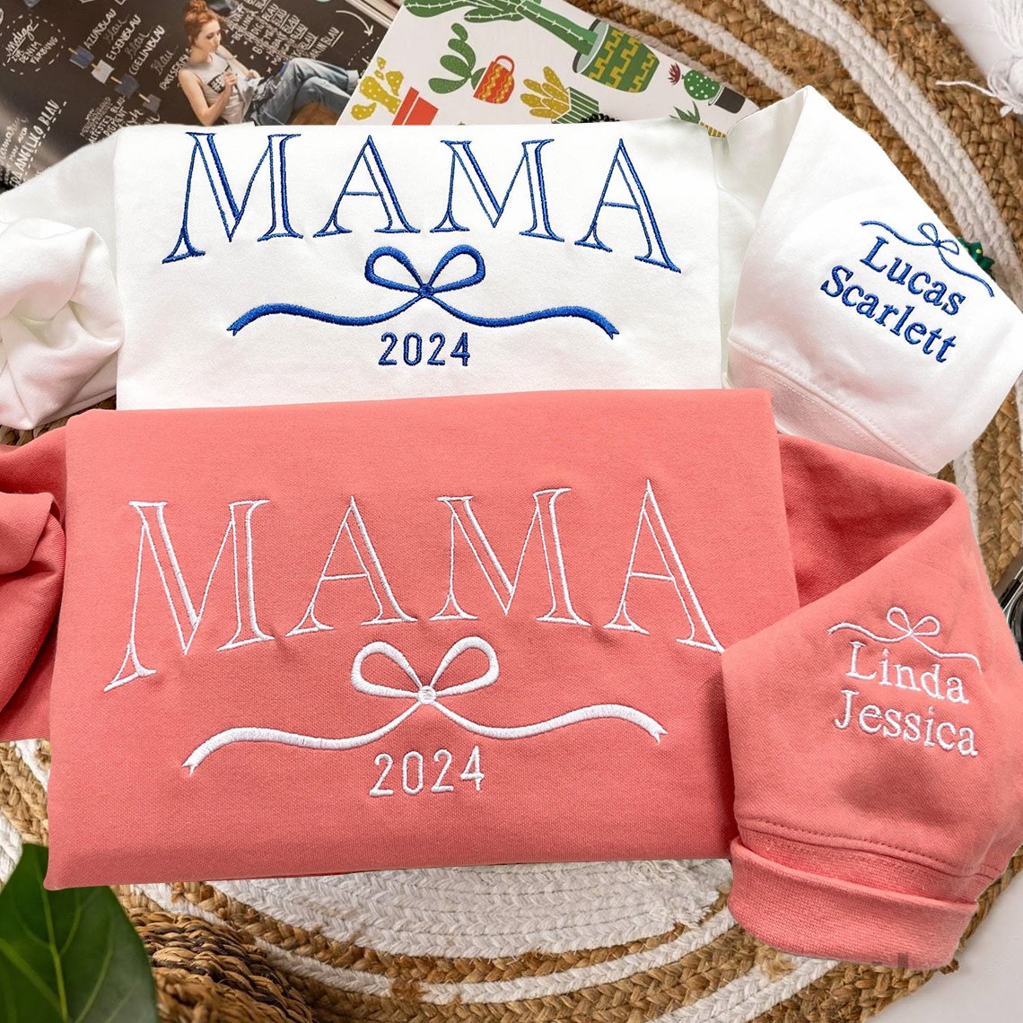 Custom Mama Embroidered Sweatshirt with Kids Names and Bow on Sleeve for Mum Grandma Mother's Day Gift Ideas