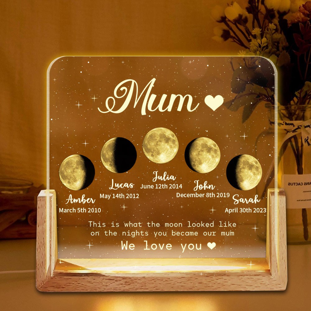 Custom Mum Moon Phase Print Night Light With Kids Names Unique Birthday Lunar By Date Gifts For Mum Baby Shower Gift Mother’s Day Gift Ideas