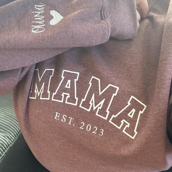 Custom Embroidered Mama Sweatshirt With Kids Names on Sleeve for Mum Grandma New Mum Gift Mother's Day Gift Ideas
