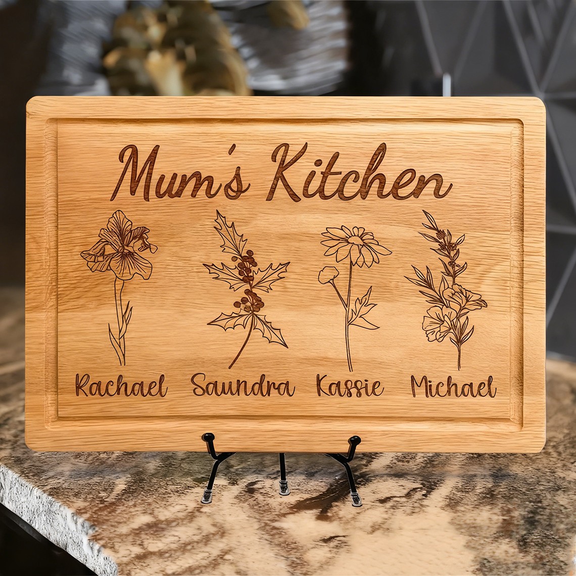 Personalised Mum's Kitchen Birth Month Flower Cutting Board with Names Unique Gifts For Mum Grandma Christmas Gift