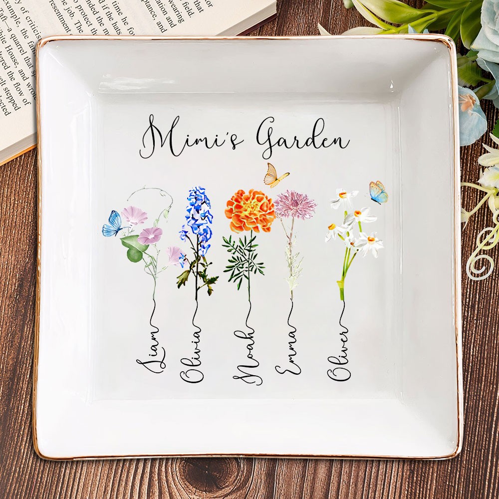 Personalised Mimi's Garden Birth Flower Jewellery Dish with Kids Names Gift for Mum Grandma Christmas Gift Ideas
