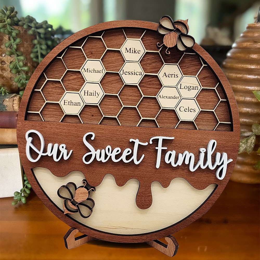 Personalised Bee Hive Family Tree Wood Sign with Kids Names Family Keepsake Gifts Christmas Gift Ideas
