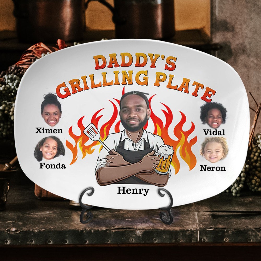 Daddy's Grilling Plate with Photo and Kids Name Personalised Gifts for Dad Father's Day Gift