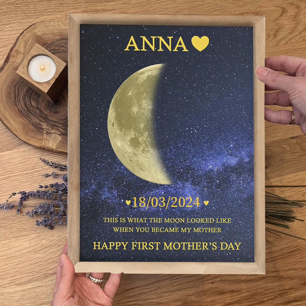 Personalised Mum Moon Phase Photo Sign Wood Frame With Date Meaningful Mother's Day Gift