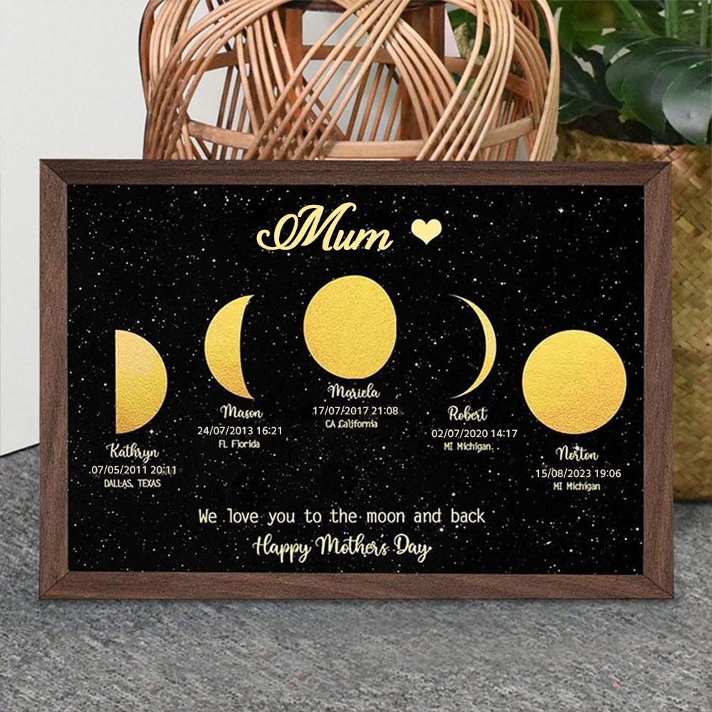 Personalised Mum Moon Phase Print Wooden Frame With Kids Names Keepsake Gifts Mother's Day Gift Ideas
