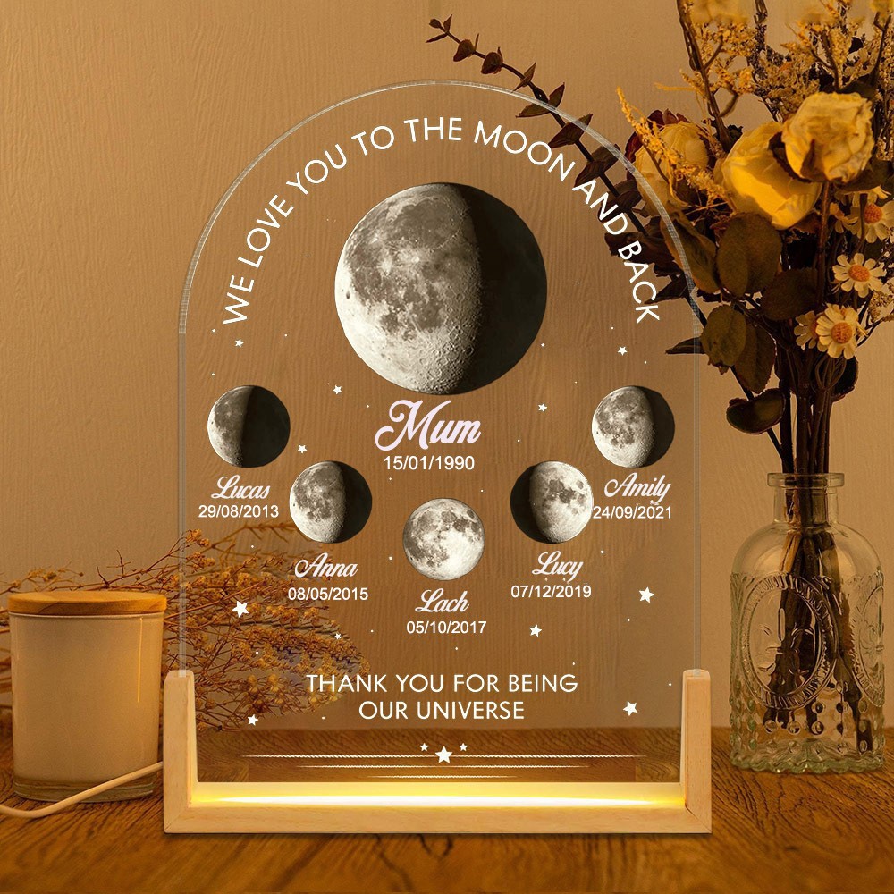 We Love You To The Moon And Back Custom Moon Phase Night Light with Kids Names for Mum Unique Mother's Day Gift Ideas