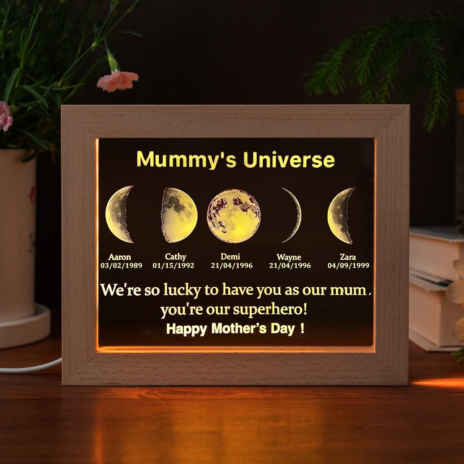 Custom Mummy's Universe Moon Phase Night Light By Date with Kids Names Gifts for Mother's Day Unique Gift for Mum