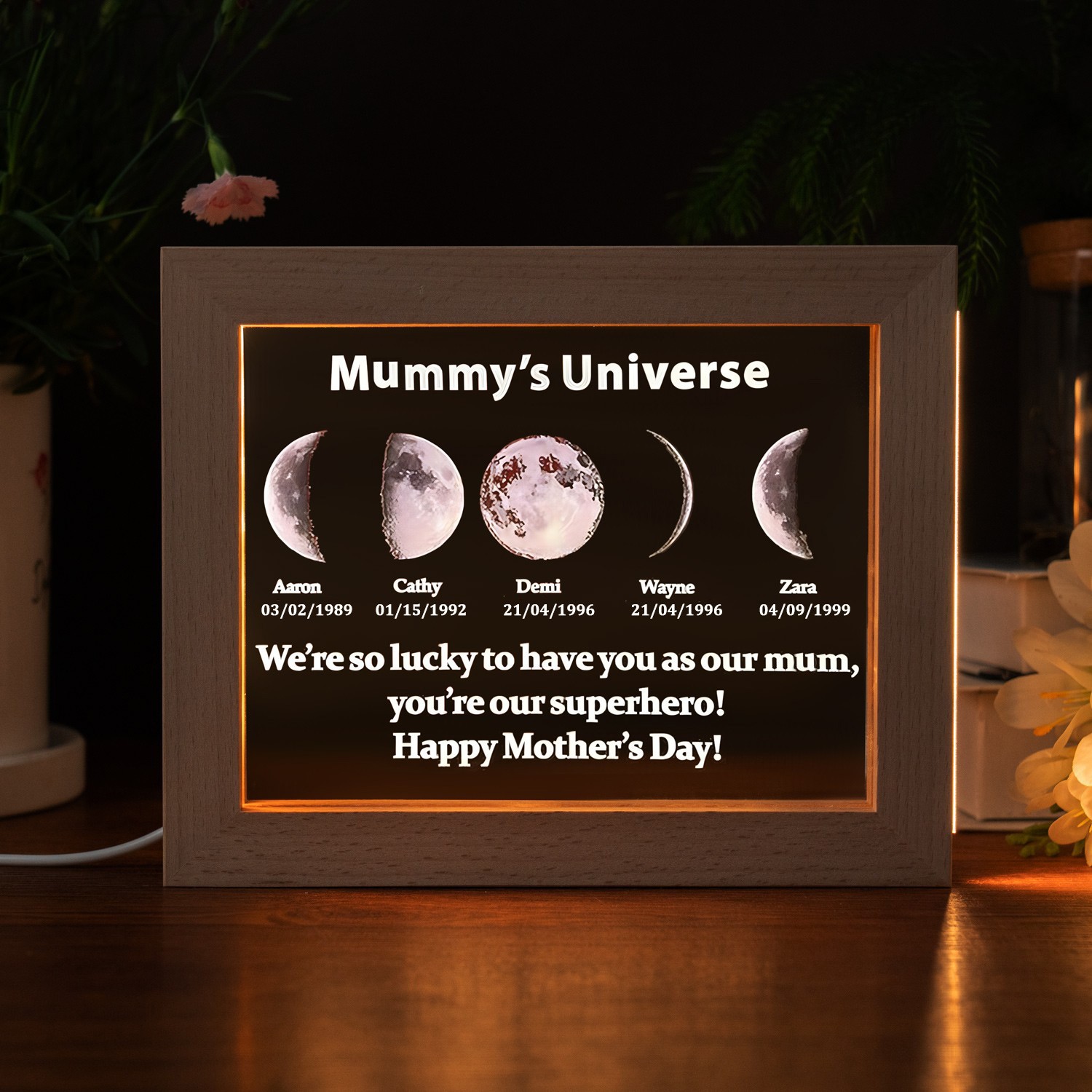Mummy's Universe Moon Phase Night Light By Date with Kids Names Custom Gifts for Mum Mother's Day Gift Ideas