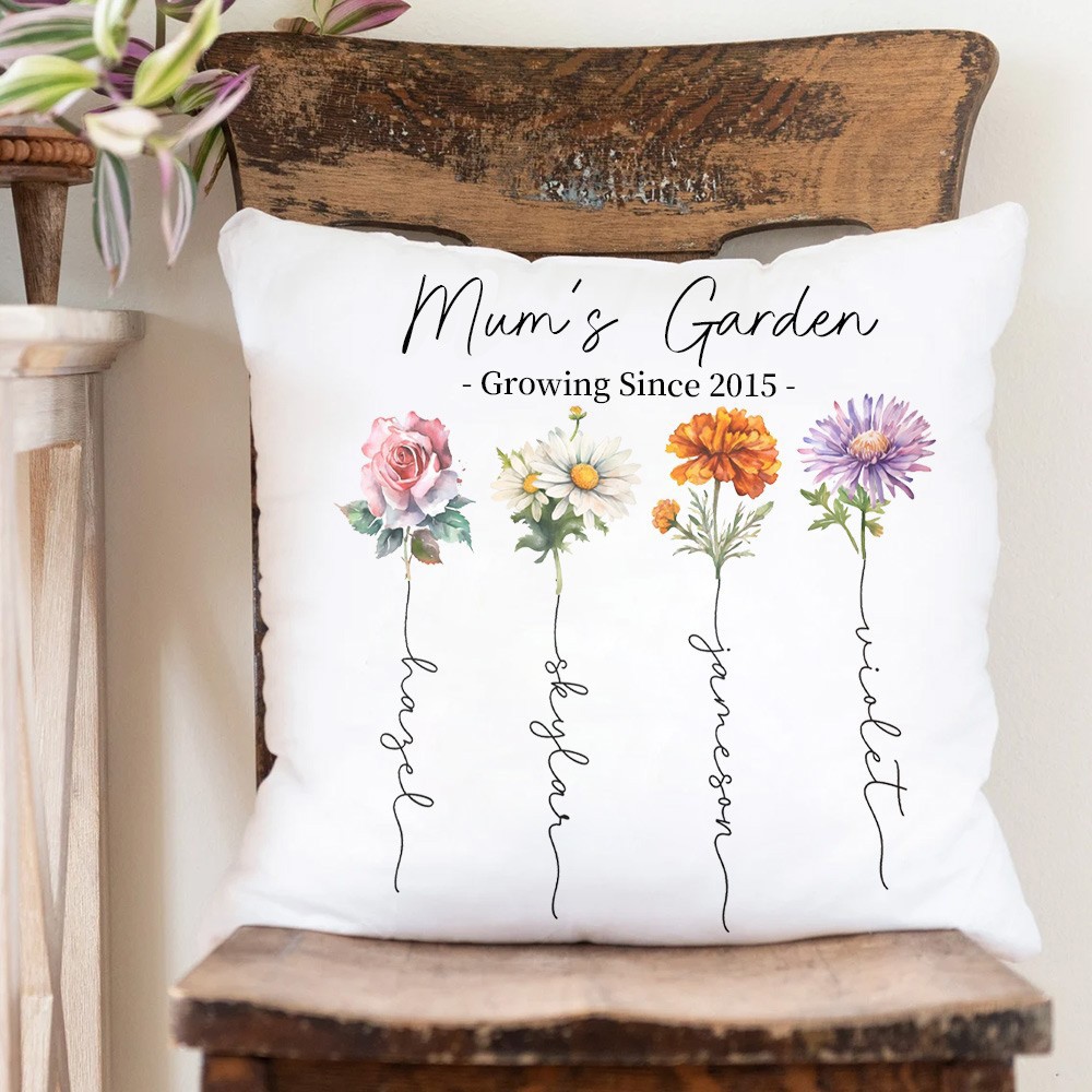 Personalised Mum's Garden Birth Flower Pillow with Kids Names