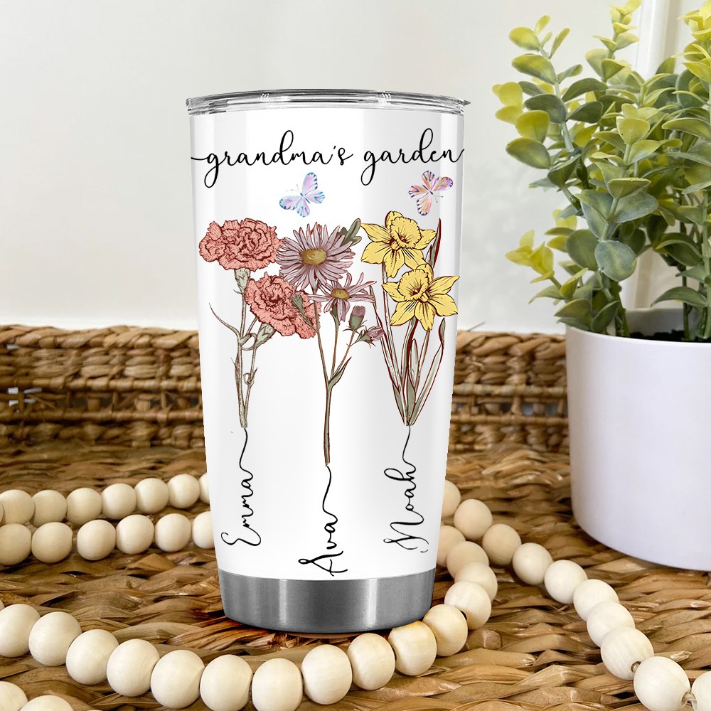 Personalised Birth Flower Tumbler with Engraved Names 