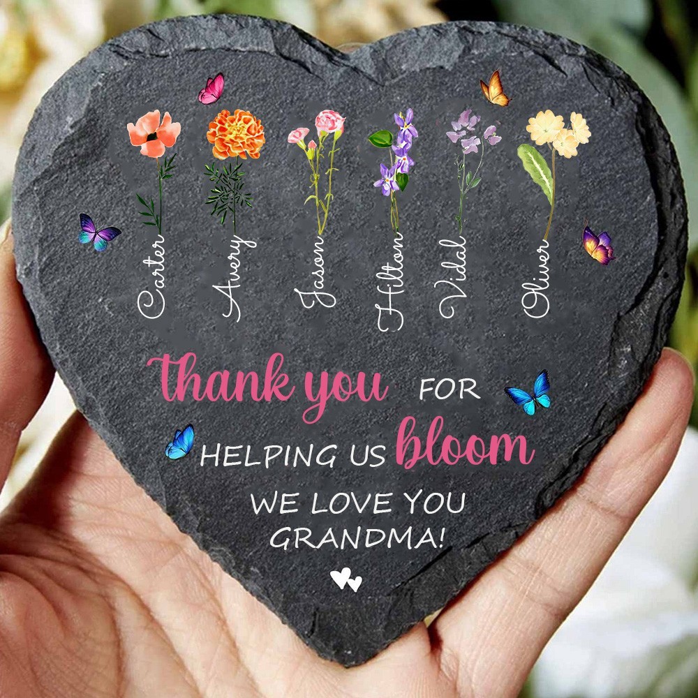 Personalised Black Birth Flower Heart Shape Plaque For Grandma,Mum