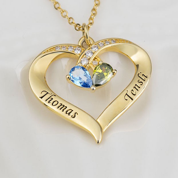 Personalised Heart Shaped Name Necklace with Birthstones Gift for Couples Anniversary Gifts