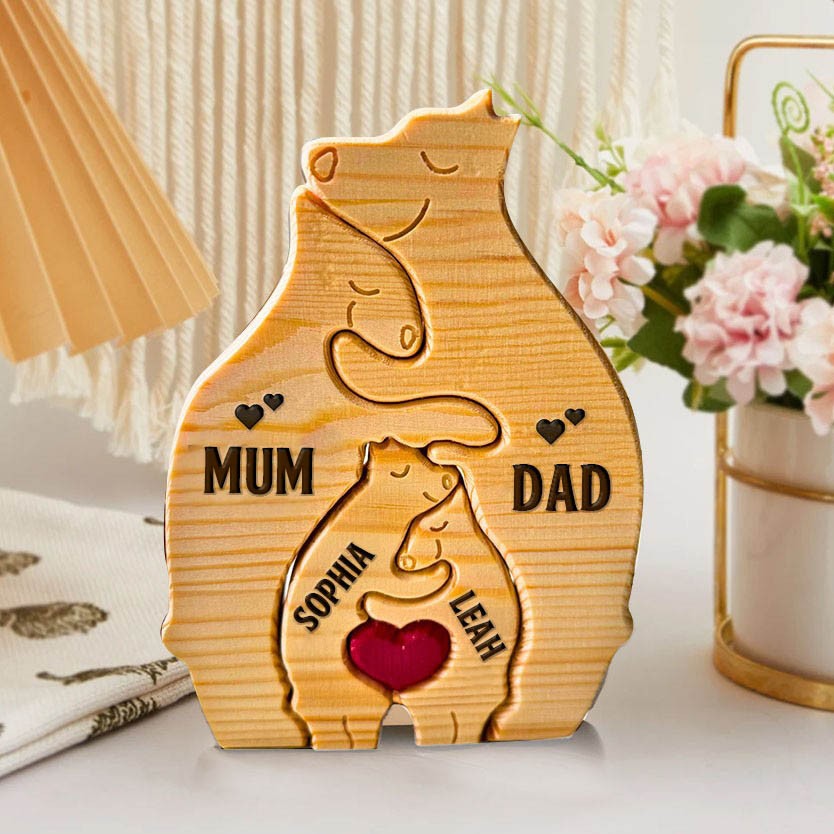 Personalised Wooden Hugging Bear Figurines Family Puzzle with Names