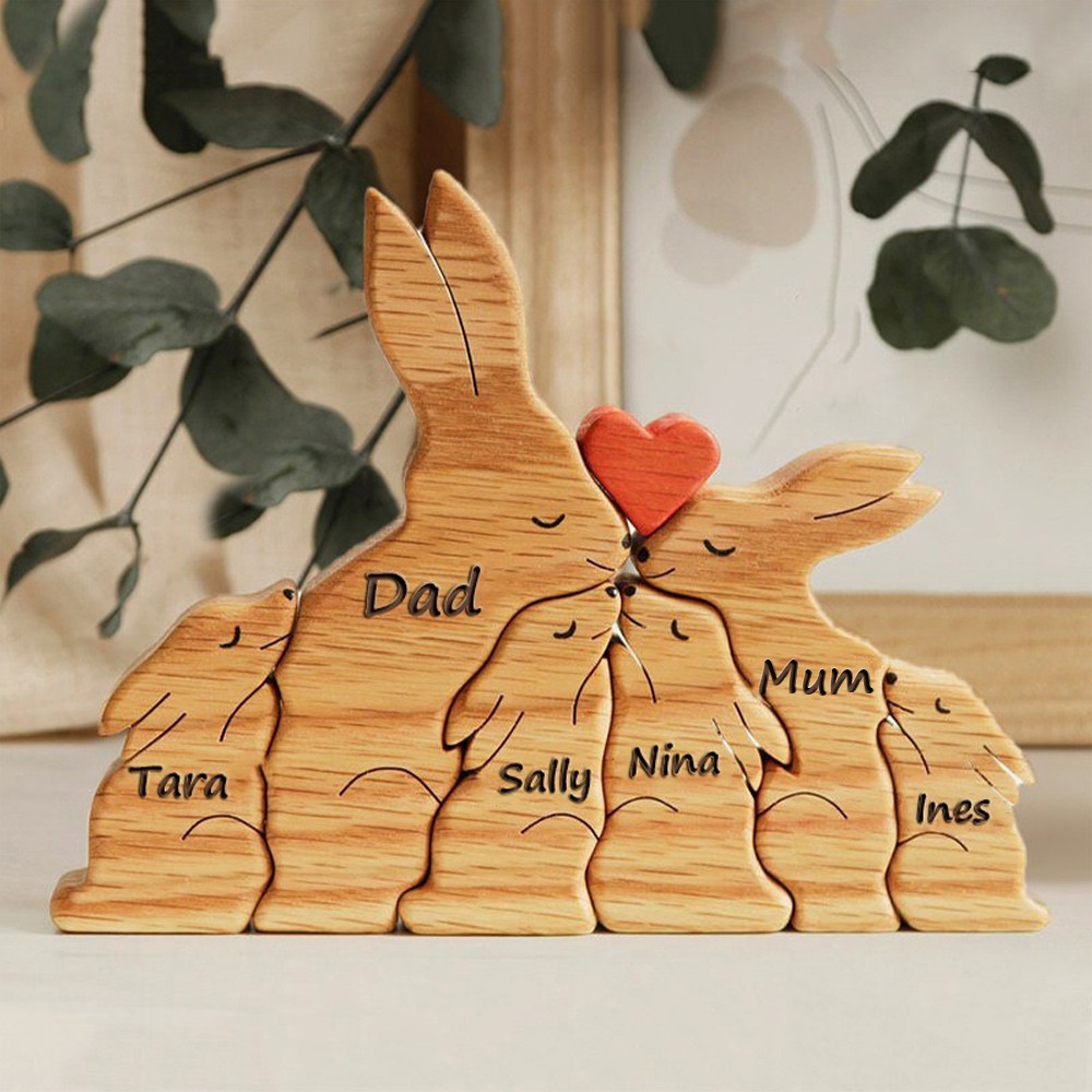 Personalised Wooden Rabbit Engraved Names Family Puzzle
