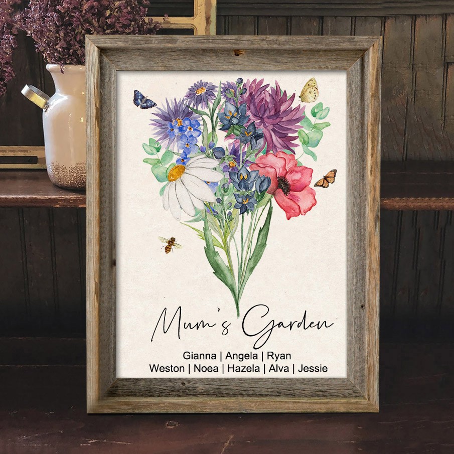 Custom Mum's Garden Birth Flower Watercolor Bouquet Frame Sign Unique Gift Ideas for Grandma Mum Mother's Day Gift
