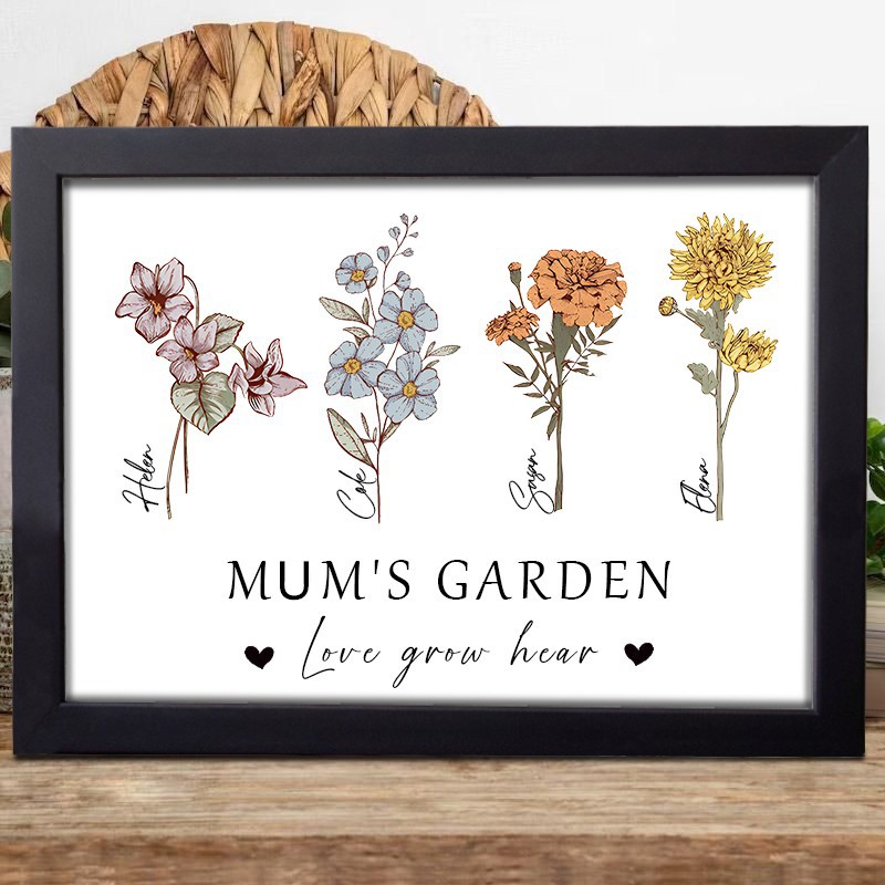 Custom Mum's Garden Art Print Birth Month Flowers Wooden Frame Sign Family Gift For Mum Grandma Mother's Day Gift
