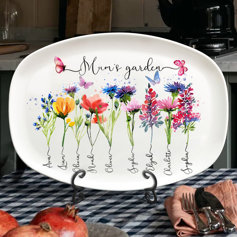 Personalised Mum's Garden Kids Names Birth Flower Platter Gift for Mum Grandma Mother's Day Gift