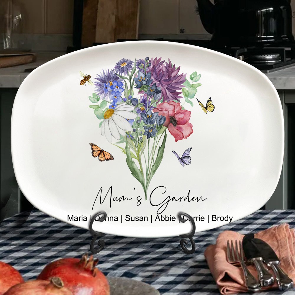 Personalised Mum's Garden Birth Flower Watercolor Bouquet Platter Unique Gift for Mum Grandma Mother's Day Gift Ideas