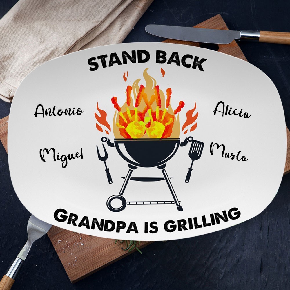 Personalised Stand Back Grandpa Is Grilling Plate Father's Day Gift