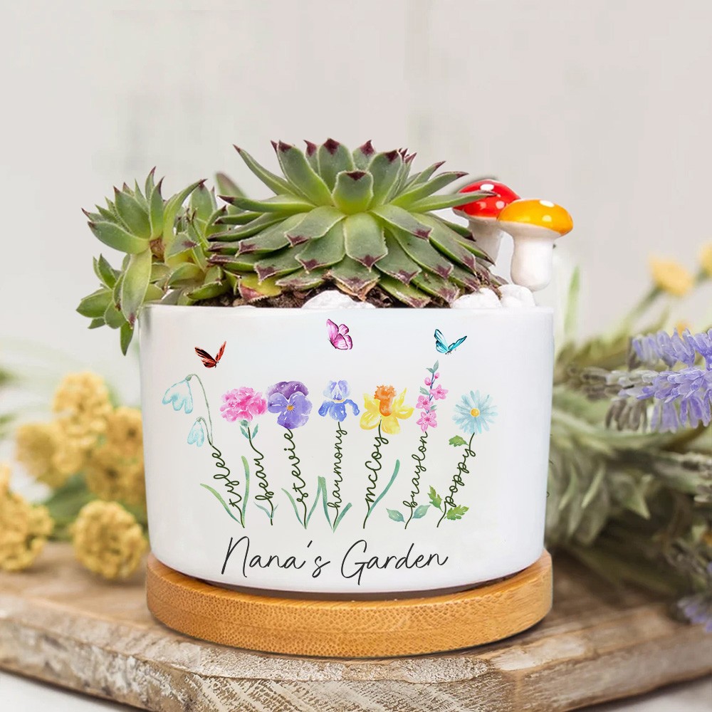 Personalised Birth Flower Succulent Pot With Names for Mum