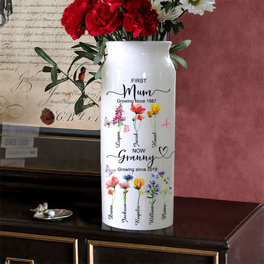Personalised First Mum Now Granny Birth Flower Vase Mother's Day Gift 