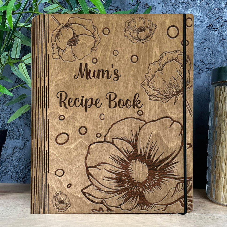 Personalised Mum's Wooden Recipe Book Blank Binder Custom Engraved Journal for Mum Grandma Christmas Gifts
