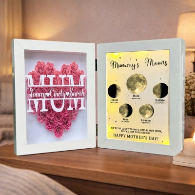 Personalised Name Flower Shadow Box with Mummy's Moons Phase Night Light Keepsake Gifts for Mum Grandma Mother's Day Gift