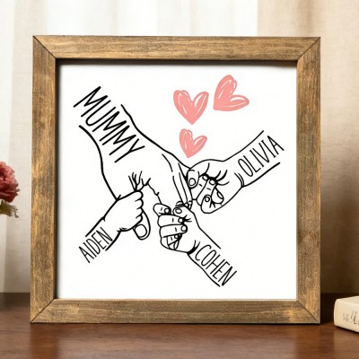 Personalised Mummy Holding Kids Hands Sign Gift for Mum with Kids Names Rustic Framed Wooden Sign for Mum Mothers Day Gifts
