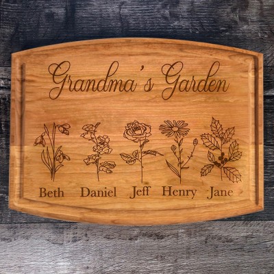 Personalised Grandma's Garden Birth Flower Cutting Board with Kids Names GIfts for Grandma Mum Christmas Gift