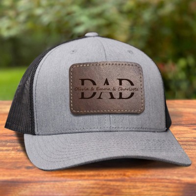 Custom Dad Leather Patch Hat with Kids Names Gift for Dad Grandpa Father's Day Gift Ideas
