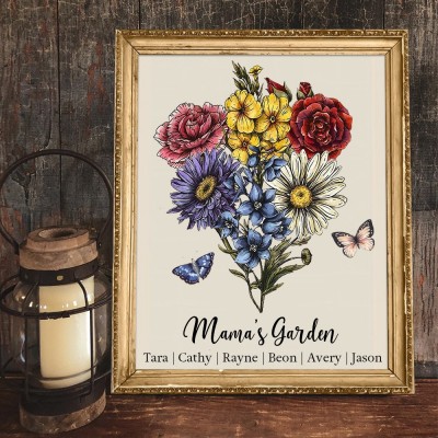 Mama's Garden Birth Flower Bouquet Frame Sign with Kids Names Personalised Gifts for Mum Christmas Gift