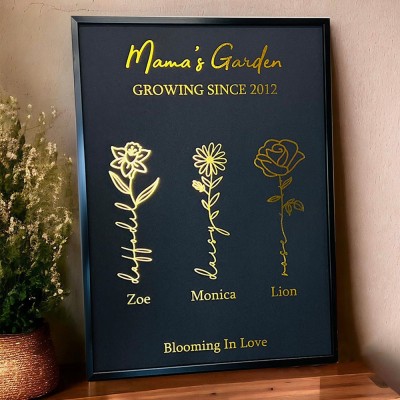 Personalised Mama's Garden Birth Flower Frame Sign with Kids Names Keepsake Gifts for Mum Grandma Mother's Day Gift