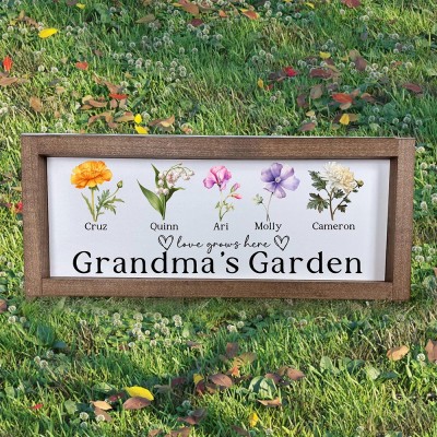 Custom Grandma's Garden Birth Month Flower Frame Sign with Grandkids Names Gifts for Grandma Mum Mother's Day Gift