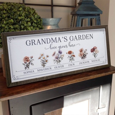 Personalised Grandma's Garden Birth Flower Frame Sign with Grandkids Names Unique Gifts for Grandma Mum Mother's Day Gift