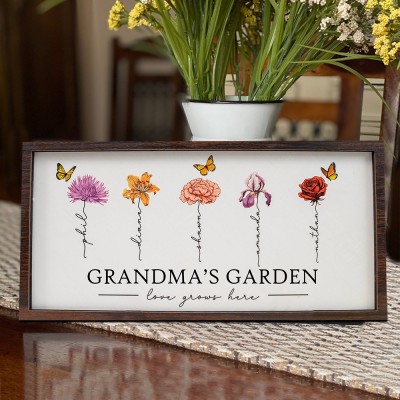 Personalised Grandma's Garden Birth Month Flower Frame Sign with Grandkids Names for Grandma Mum Mother's Day Gift Ideas