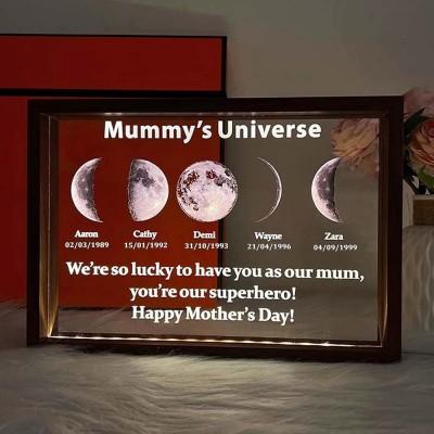 Personalised Mummy's Universe Moon Phase Night Light Frame with Kids Names Keepsake Gift for Mum Grandma Mother's Day Gift