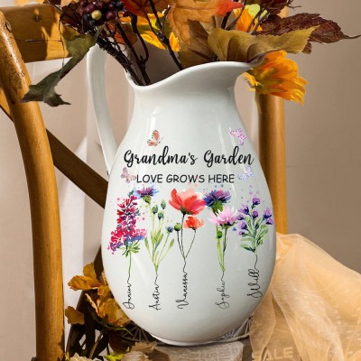 Grandma's Garden Birth Month Flower Vase with Grandkids Names Custom Gift for Grandma Mum Mother's Day Gift Ideas