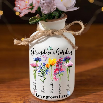 Grandma's Garden Birth Month Flower Vase with Grandkids Names Custom Gifts for Grandma Mum Mother's Day Gift Ideas