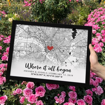 Personalised Where It All Began Location Map Print Frame Engagement Gifts for Couple Anniversary Gift Valentine's Day Gifts