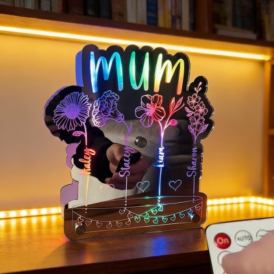 Personalised Mum's Garden Birth Month Flower Double Mirror Lamp with Kids Names Gifts for Mum Grandma Mother's Day Gift