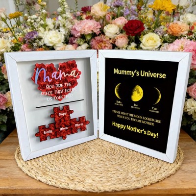 Personalised Puzzle Name Flower Shadow Box with Moon Phase Frame Gifts for Mum Grandma Mother's Day Gift