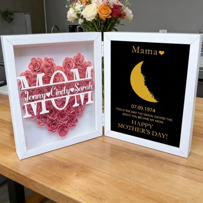 Personalised Flower Shadow Box with Moon Phase Print Frame Unique Gift for Mum Grandma Mother's Day Gifts