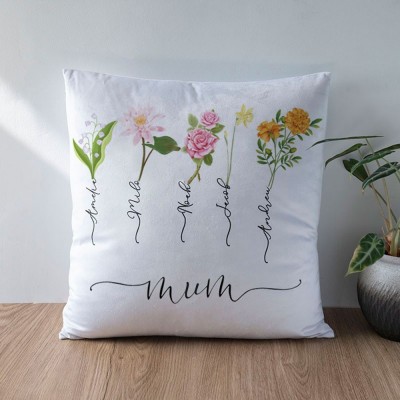 Personalised Birth Flower Art Pillow with Kids Names