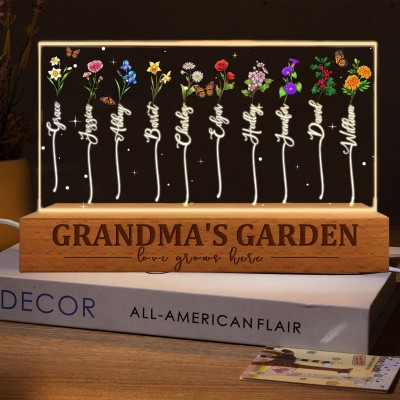 Personalised Grandma's Garden Love Grows Here Birth Flower Night Light Unique Gift For Mum Grandma Mother's Day Gift Ideas