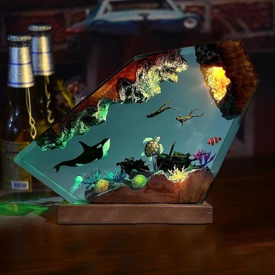 Orca and Turtle Resin Wood Lamp Epoxy Night Light Unique Birthday Gifts for Her, Him Christmas Gift