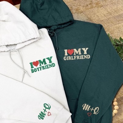 Custom Couple Embroidered I Love My Girlfriend Boyfriend Matching Hoodie Anniversary Gift Valentine's Day Gifts for Her Him