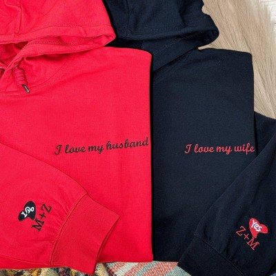 Custom Embroidered I Love My Husband Wife Hoodie Wedding Anniversary Gifts for Her Him Valentine's Day Gift Ideas