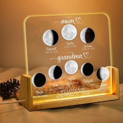 Custom First Mum Now Grandma Moon Phase Night Light By Date with Kids Names for Mother's Day Gift Unique Gift for Mum Grandma