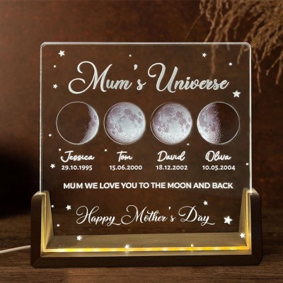 Custom Mum's Universe Moon Phase Night Light By Date with Kids Names Unique Gifts for Mum Mother's Day Gift Ideas